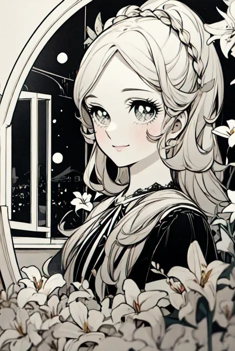 masterpiece, highly detailed, black and white, drawn with ink pen, old paper texture, shoujo manga,(foreground, frame of lilies), 1girl, age 20, college age, french, aristocrat, elegant dress, big eyes,sparkling eyes, long hair curls, upper body, window, night sky, cresent moon, monochrome, old yellowing paper texture, washed out, worn, faded,<lora:EyeAI:1>