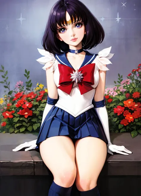 (masterpiece, best quality:1.2), solo, 1girl, sailor saturn, tiara, sailor senshi uniform, purple sailor collar, pleated skirt, elbow gloves, jewelry, brooch, choker, <lora:sailormoon_sailorsaturn-10:1>, night, stars, pubbles, ((lots of flowers)) in front, big flowers, <lora:oldSchoolShoujo_10:1>, full body, <lora:add_detail:0.5>