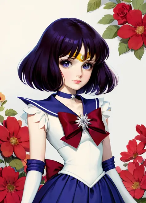 (masterpiece, best quality:1.2), solo, 1girl, sailor saturn, tiara, sailor senshi uniform, purple sailor collar, pleated skirt, elbow gloves, jewelry, brooch, choker, <lora:sailormoon_sailorsaturn-10:1>, night, stars, pubbles, ((lots of flowers)) in front, big flowers, <lora:oldSchoolShoujo_10:1>, close up, <lora:add_detail:0.5>