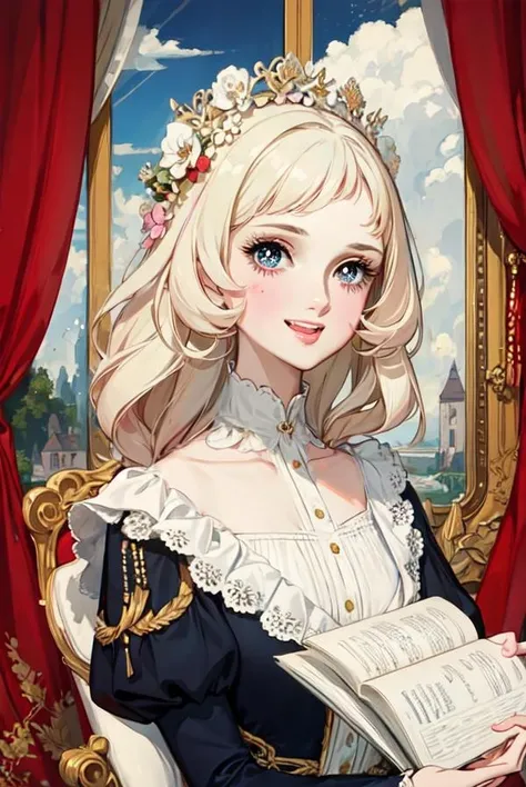 masterpiece, highly detailed, 1girl, age 20, college age, french, aristocrat, regal dress, big eyes, long blonde hair curls <lora:EyeAI:1>
