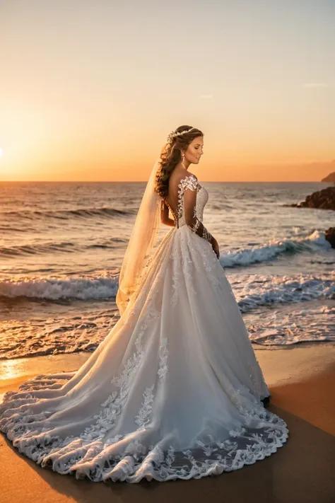 Bridal Photo Elegant Bridal Portrait with the Ocean Waves as a Background, Shot at Sunset, Capturing the Bride's Grace and the Coastal Beauty . wedding gowns, laced clothes, professional, detailed <lora:Bridal_XL:0.8>