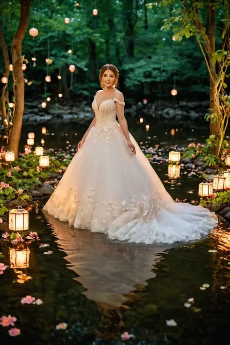 Bridal Photo orla submerged in shallow water, flower bed with lanterns in the background, lush forest, leaves on water, falling sakura blossoms, butterflies, fireflies . wedding gowns, laced clothes, professional, detailed <lora:Bridal_XL:0.8>