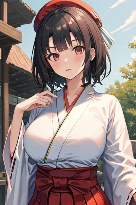 best quality, masterpiece, highres, solo, {white kimono:1.35}, {red hakama:1.35}, {wide sleeves:1.20}, {takao_kantaicollection:1.15}, black_hair, short_hair, red_eyes, breasts, hat, large_breasts, beret, military, blush