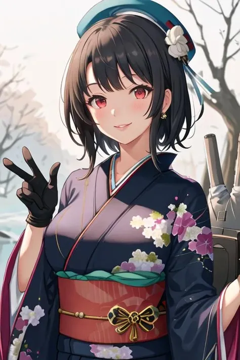 best quality, masterpiece, highres, solo, {takao_kantaicollection:1.15}, black_hair, short_hair, red_eyes, , hat, large_breasts, beret, military, blush, 1girl, alternate_costume, bangs, floral_print, flower, hair_flower, hair_ornament, japanese_clothes, kimono, looking_at_viewer, sidelocks, smile, long_sleeves, black_gloves, gloves, obi, upper_body, wide_sleeves, blue_kimono, outdoors, rigging, blue_headwear, day, lips, sash, tree