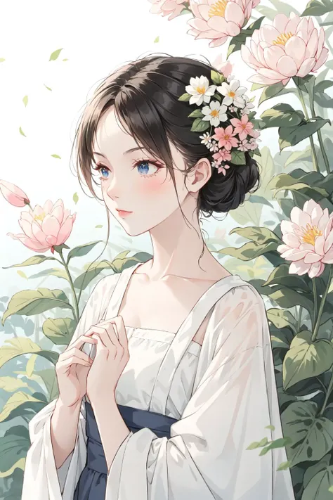 1 girl,flower,petal, <lora:WHITE:1>solo