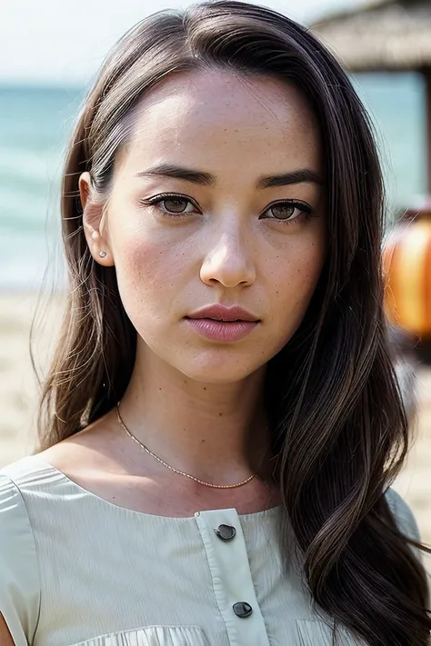 beautiful woman (C4r4G33:.99),  perfect hair , intricate, ((portrait:1.1)), absurdres, (closeup:1.2), ((from the waist up)), ((( A beach with a floating lantern festival in progress  :1.2 ))), natural skin texture,  ((  Button-front midi dress :1.2)), 24mm, 4k textures, soft cinematic light, adobe lightroom, photolab, hdr, intricate, elegant, highly detailed, sharp focus, ((((cinematic look)))), soothing tones, insane details, intricate details, hyperdetailed, low contrast, soft cinematic light, exposure blend, hdr, faded, now, film grain,  ("I've got a bad feeling about this.":1.1)