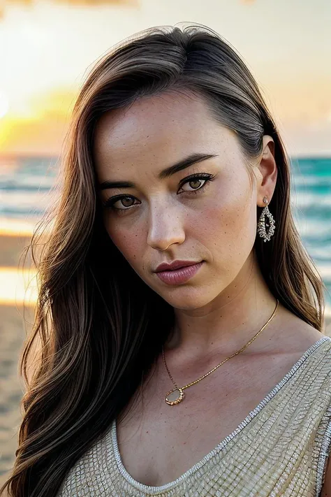 beautiful woman (C4r4G33:.99), perfect hair , intricate, ((portrait:1.1)), absurdres, (closeup:1.2), ((from the waist up)), ((( Beach view from a beachfront lounge chair with a view of the golden sunset :1.2 ))), natural skin texture, (( Shift dress :1.2)), 24mm, 4k textures, soft cinematic light, adobe lightroom, photolab, hdr, intricate, elegant, highly detailed, sharp focus, ((((cinematic look)))), soothing tones, insane details, intricate details, hyperdetailed, low contrast, soft cinematic light, exposure blend, hdr, faded, now, film grain, ("I've got a bad feeling about this.":1.1)