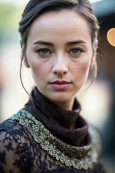 beautiful woman (C4r4G33:.99), perfect hair , intricate, ((portrait:1.1)), absurdres, (closeup:1.2), ((from the waist up)), ((( A vibrant urban food festival, featuring food trucks, pop-up restaurants, and cooking demonstrations celebrating local cuisine :1.2 ))), natural skin texture, (( Dress with a Cowl Front :1.2)), 24mm, 4k textures, soft cinematic light, adobe lightroom, photolab, hdr, intricate, elegant, highly detailed, sharp focus, ((((cinematic look)))), soothing tones, insane details, intricate details, hyperdetailed, low contrast, soft cinematic light, exposure blend, hdr, faded, now, film grain, ("I've got a bad feeling about this.":1.1)