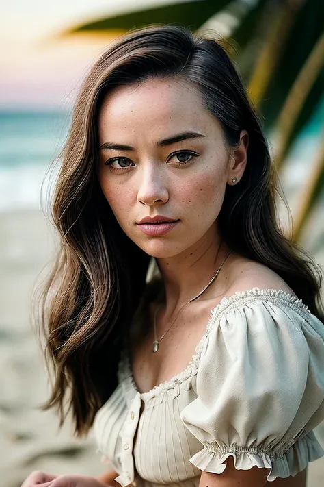 beautiful woman (C4r4G33:.99), perfect hair , intricate, ((portrait:1.1)), absurdres, (closeup:1.2), ((from the waist up)), ((( A tropical beach with a bonfire at dusk :1.2 ))), natural skin texture, (( Puff sleeve blouse and mini skirt :1.2)), 24mm, 4k textures, soft cinematic light, adobe lightroom, photolab, hdr, intricate, elegant, highly detailed, sharp focus, ((((cinematic look)))), soothing tones, insane details, intricate details, hyperdetailed, low contrast, soft cinematic light, exposure blend, hdr, faded, now, film grain, ("I've got a bad feeling about this.":1.1)