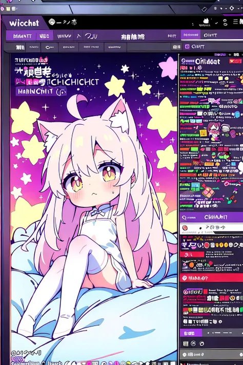 aniscreen, OyamaMahiro, (TwitchChat:1.3), masterpiece, best quality
1girl, long white hair, detailed golden eyes, flat chest, ahoge
white China dress, white thighhighs, center opening, black fake cat ears
sitting on white bed sheet in many colorful pillows, knees up, looking at viewer, blush, :<
full body
<lyco:Chara-Onimai_Characters-aniscreen,edstyle,manga cover,fanart,school uniform,suspenders,labcoat,bolo tie,OyamaMahiro,etc:0.7>