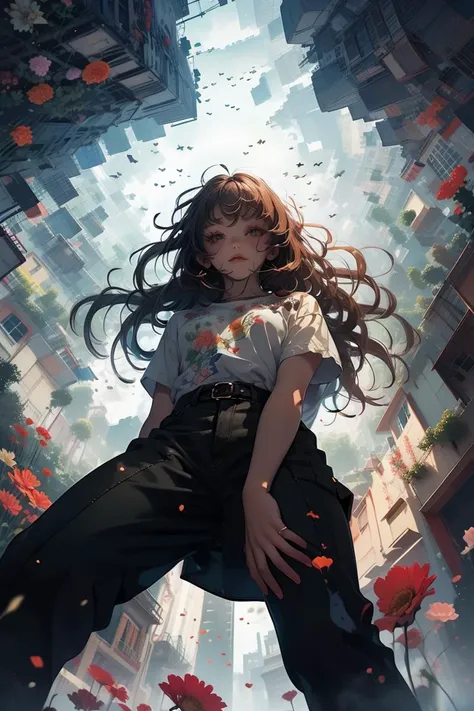 (Imaginative Drawing:1.3) of (Detailed illustration:1.3) <lora:low_angle_human:.8> low_angle_human, solo, 1girl, from below, sky, realistic, shirt, deutch angle, from below, outdoors, flowers,,(CineColor:1.3)