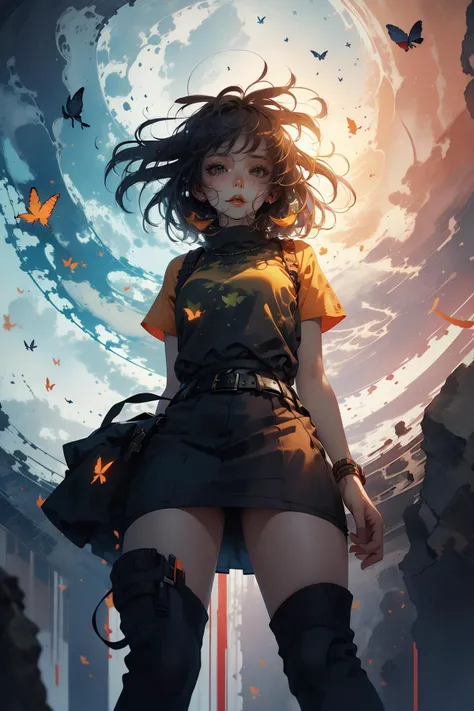 (Masterpiece Digital Artwork:1.3) of (Visual novel:1.3) <lora:low_angle_human:.8> low_angle_human, solo, 1girl, from below, sky, realistic, shirt, deutch angle, from below, butterfly, glowing, detailed,,CGSociety,ArtStation,(Primary Colors:1.3)