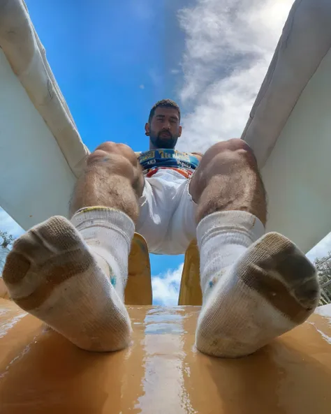 worm view photo of a (giant man:1.1) from below pov low angle of a man's feet with (dirty socks:1.2) (stomping:1.2) on the camera, sliding on a waterslide, white socks with (yellowish:0.6) stains nasty and crusty, (dirty feet:1.1), (dirty socks:1.2), feet focus, ass, penis pissing, natural lighting, 4k uhd, dslr, soft lighting, high quality, Fujifilm XT3 <lora:Really_dirty_socks_Lora_and_feet:0.45> <lora:footpose-v2:0.8> <lora:low_angle_human:0.8>