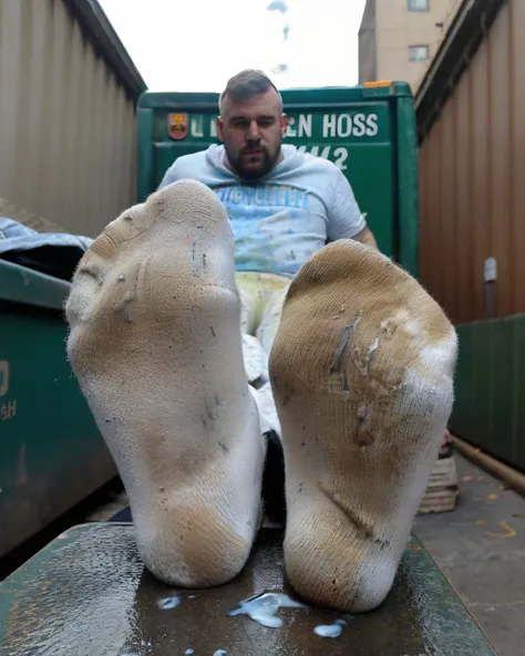 (cumrag:1.3) socks, worm view photo of a handsome Irish (man:1.2) low angle of a man's feet with (dirty socks:1.2), sitting on a dumpster on a dark alley, white socks with (yellowish:0.6) stains nasty and crusty cum on cloth socks with goo (whitish:0.9) (stains:1.3), feet focus, legs, thighs, 4k uhd, dslr, high quality, Fujifilm XT3 <lora:Really_dirty_socks_Lora_and_feet:0.7> <lora:footpose-v2:0.35> <lora:low_angle_human:0.75> <lora:cumrag:1.0> <lora:cum_on_cloth:0.25>