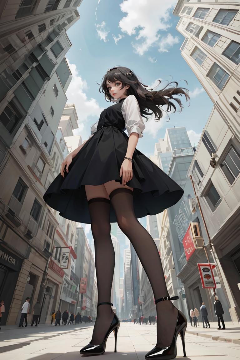 A woman in a black dress and high heels standing on a city street ...