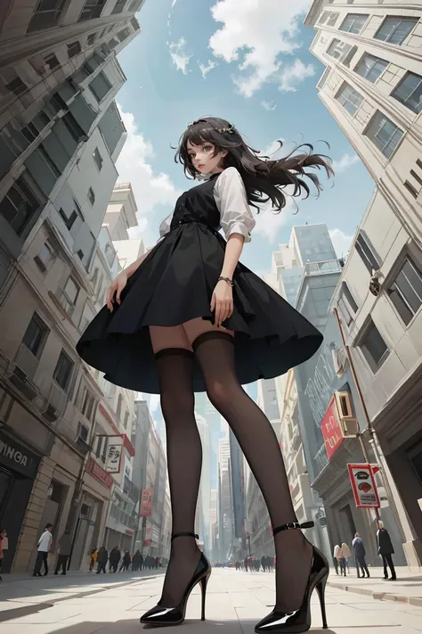 A woman in a black dress and high heels standing on a city street ...