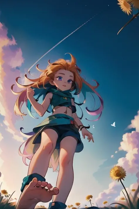 low_angle_human,(disheveled hair),[orange hair:purple buttom hair:0.8],forehead,zoe,long hair,multicolored hair,blue and purple  eyes,
(masterpiece:1.3),(best quality:1.2),8k,absurdres,unity 8k wallpapper,(extremely detailed:1.3),highestres,girl,,form below,low_angle_human,sky,cloud,grass,blurry foreground, full body, (green:1.2),sun,(dandelion:1.1),,barefoot,,bug, butterfly, cloud, flying, sky, space, star_\(sky\), starry_sky,