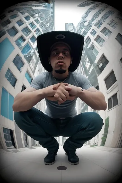 <lora:low_angle_human:0.7>, rap album cover, squatting, looking at viewer, fisheye, from bellow, low_angle_human