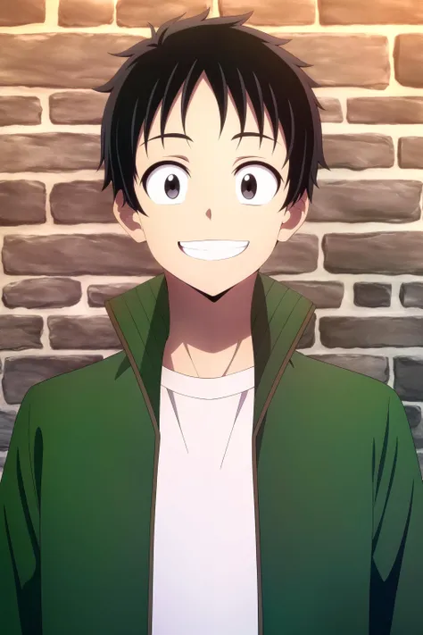 masterpiece, best quality, akira_tendou, 1boy, portrait, upper body, brick wall, black hair, black eyes, (wide-eyed, sanpaku), happy, grin, green jacket, white shirt,
