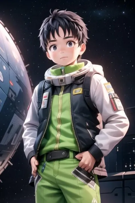 masterpiece, best quality, wallpaper, 1boy, solo, male focus, looking at viewer, , , ligne claire, realistic, <lora:akira_tendou:0.74>, akira_tendou, black hair, black eyes, wide-eyed, waistcoat, , science fiction space western,