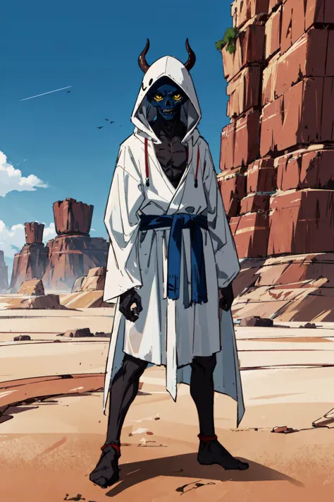1boy, alien, hooded, long robe, black skin, skull head, yellow eyes, in a desert, blue sky, (best quality), ((masterpiece)), (detailed), <lora:dbsuper_style_offset:1> <lora:Demon:0.5> demon