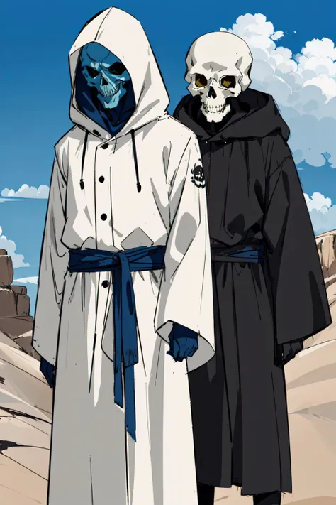 1boy, alien, hooded, long robe, black skin, skull head, yellow eyes, in a desert, blue sky, (best quality), ((masterpiece)), (detailed), <lora:dbsuper_style_offset:1> <lora:Demon:0.5> demon