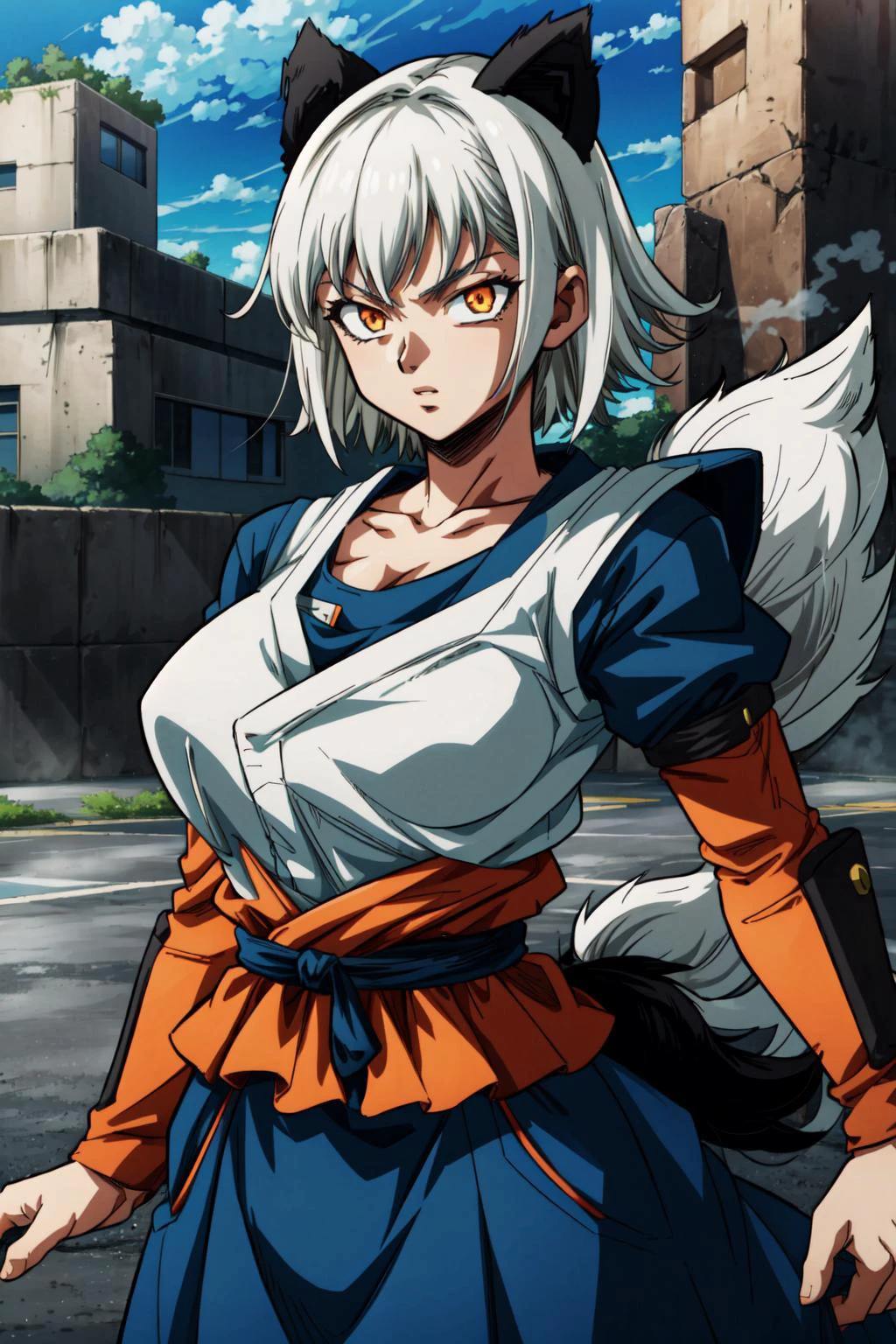 (masterpiece, best quality), intricate details, 8k, artstation, wallpaper, official art, splash art, sharp focus,
1girl, <lora:HitomiUzaki:0.8> HitomiUzaki, orange eyes, white hair, short hair, large breasts, badger_ears, badger_tail, body_fur
<lora:dbsuper_style_offset:0.8> dbsuper style,