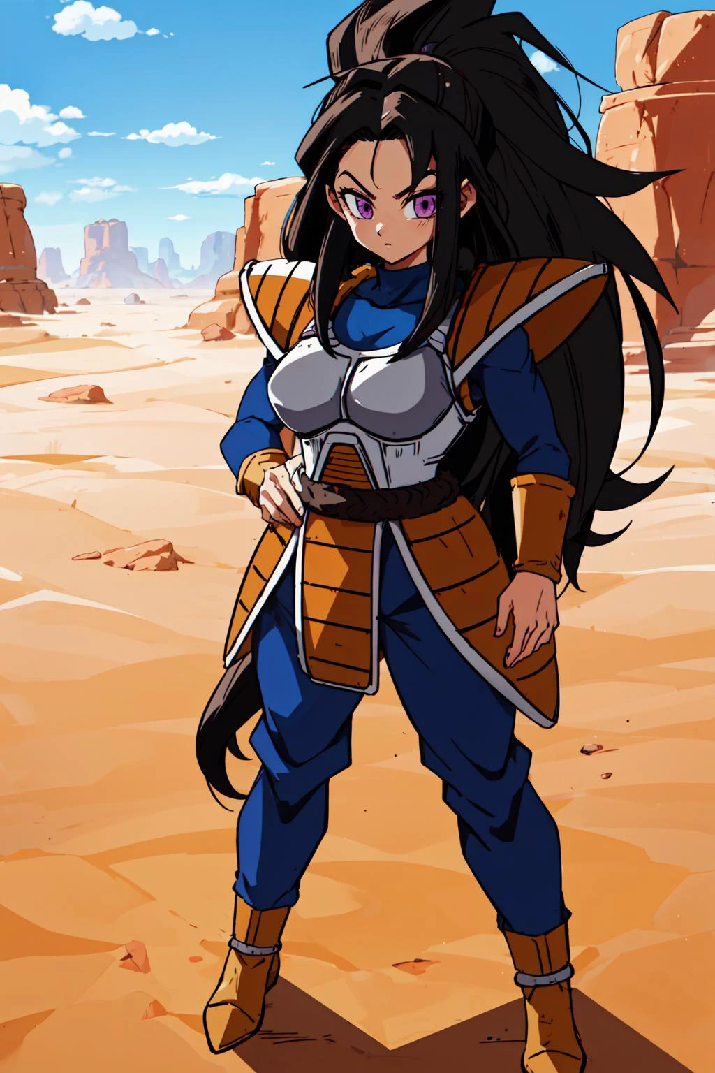 1girl, beard, sayan armor, long hair, black hair, brown eyes, fit, in a desert, blue sky, (best quality), ((masterpiece)), (detailed), <lora:dbsuper_style_offset:1> <lora:HerrscherAGGA2023_Saiyan_Scouter_V2:0.5> Saiyan Scouter, Saiyan_Scouter, scouter, tinted eyewear, saiyan armor, armor, purple eyes, monkey tail