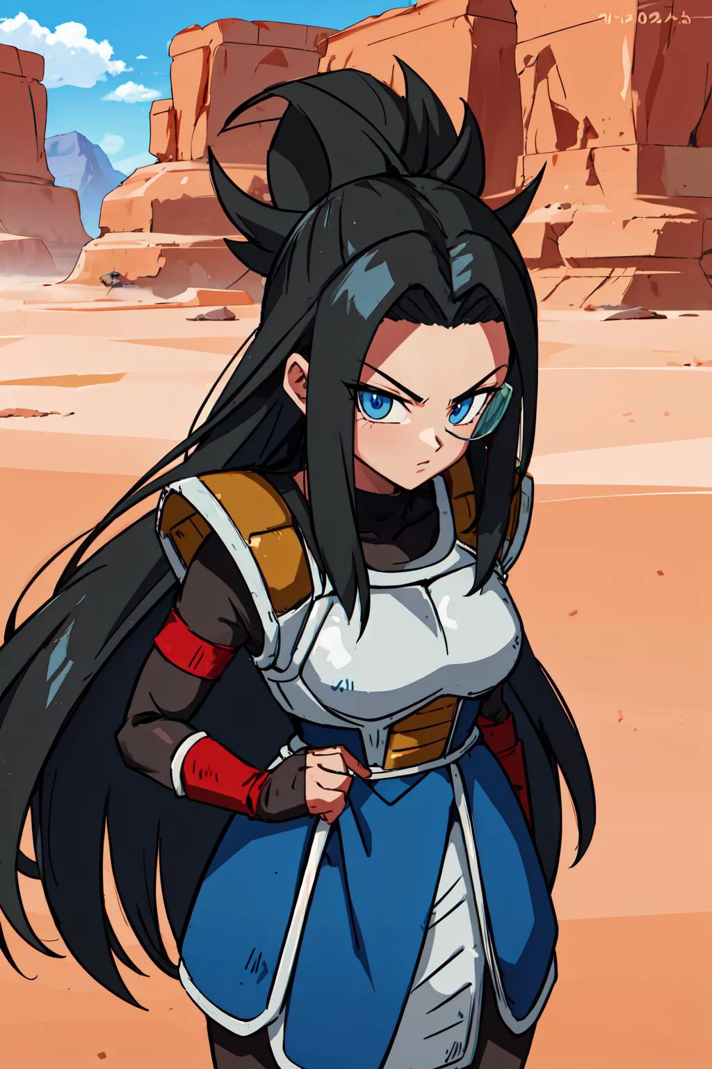 1girl, beard, sayan armor, long hair, black hair, blue eyes, fit, in a desert, blue sky, (best quality), ((masterpiece)), (detailed), <lora:dbsuper_style_offset:1> <lora:HerrscherAGGA2023_Saiyan_Scouter_V2:0.5> Saiyan Scouter, Saiyan_Scouter, scouter, tinted eyewear, saiyan armor, armor, monkey tail