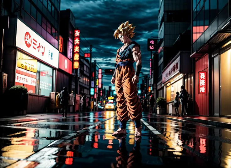 (masterpiece, best quality, highres:1.2), (photorealistic:1.2), (intricate and beautiful:1.2), (detailed light:1.2), (soft lighting, side lighting, reflected light), (colorful, dynamic angle), full body shot, fashion photography,1man,(sangoku-standing-on-road) from Dragon ball Z, electric aura, blonde hair, behind a (out-of-focus-Tokyo-city-at-night), wide angle <lora:dbsuper_style_offset:0.9> <lora:more_details:0.7>