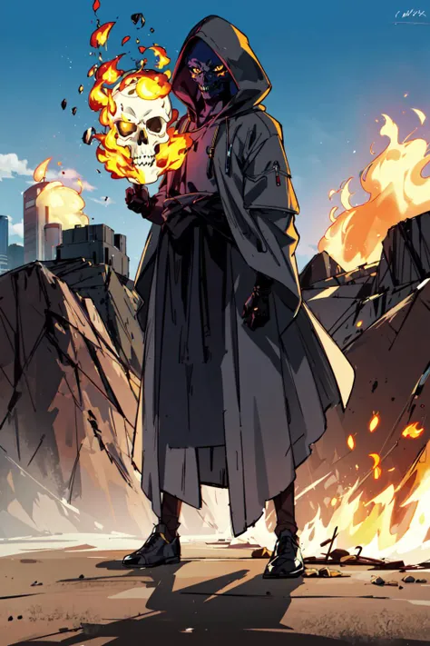 1boy, alien, hooded, long robe, black skin, skull head, fiery skull, skull on fire, yellow eyes, in a desert, blue sky, (best quality), ((masterpiece)), (detailed), <lora:dbsuper_style_offset:1> <lora:Demon:0.5> demon