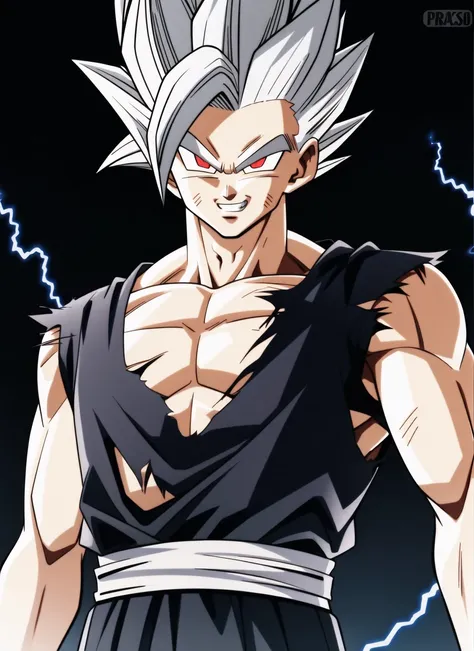 dbsuper style, super saiyan beast, son gohan, 
1boy, artist name, biceps, black background, collarbone, dougi, electricity, energy, evil grin, evil smile, grey hair, grin, looking at viewer, male focus, muscular, muscular male, pectorals, red eyes, red sash, sash, scratches, outdoors, smile, solo, spiked hair, teeth, torn clothes, upper body, v-shaped eyebrows
, ((masterpiece)) 
<lora:dbsuper_style_offset:1>