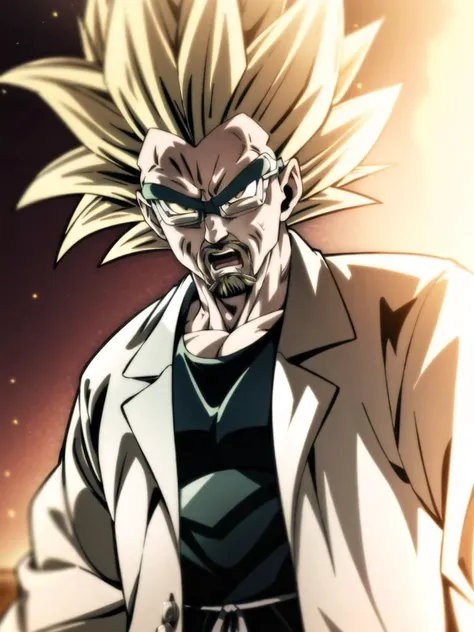 goatee:1.2 fighting_stance upper_body high-key_lighting labcoat:1.1 <lora:YujiroV1.5:0.3> yujiro:0.3 <lora:Walter White:0.8> (walter_white) glasses (yellow_aura ki powering_up dragon_ball_z) 4k hires <lora:SuperSaiyanHair:0.4> SuperSaiyan blonde hair, super saiyan, spiked hair, aura, yelling screaming <lora:dbsuper_style_offset:0.2> <lora:anmnr01AOM3A1:0.2>