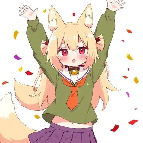 <lora:hulix_xl-000002:1>,1girl, solo, kemomimi-chan (naga u), bell, animal ears, jingle bell, fox ears, skirt, tail, hair ornament, blonde hair, green shirt, pleated skirt, neck bell, purple skirt, shirt, hair bun, fox tail, bangs, long sleeves, animal ear fluff, fox girl, collar, blush, sleeves past wrists, brown collar, v-shaped eyebrows, hair between eyes, white sailor collar, single hair bun, looking at viewer, sleeves past fingers, sash, sailor collar, red eyes, confetti, sidelocks, flat chest, long hair, arms up, white background, outstretched arms, orange necktie