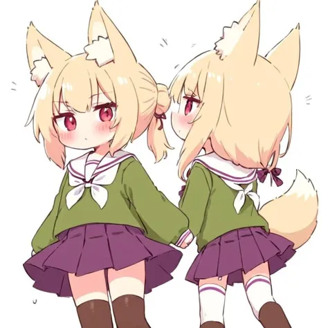 <lora:hulix1:1>,kemomimi-chan (naga u), fox ears, tail, animal ears, shirt, fox tail, green shirt, skirt, shadow, multiple girls, blonde hair, ribbon-trimmed legwear, hair bun, thighhighs, ribbon trim, pleated skirt, single hair bun, 2girls, purple skirt, white sailor collar, fox girl, long sleeves, sleeves past wrists, sleeves past fingers, white background, fish, sailor collar, hair ornament, animalization, animal ear fluff, flying sweatdrops, bangs, brown footwear, animal, v-shaped eyebrows, red eyes, afterimage, long hair, standing, blush, from behind
