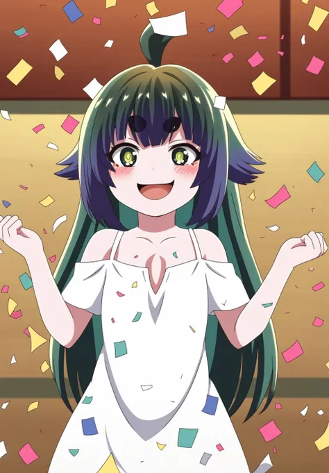 <lora:Mitama:0.8>, Mitama, 1girl, solo, looking at viewer, blush, smile, open mouth, dress, bare shoulders, collarbone, upper body, :d, off shoulder, white dress, hands up, parody, off-shoulder shirt, confetti