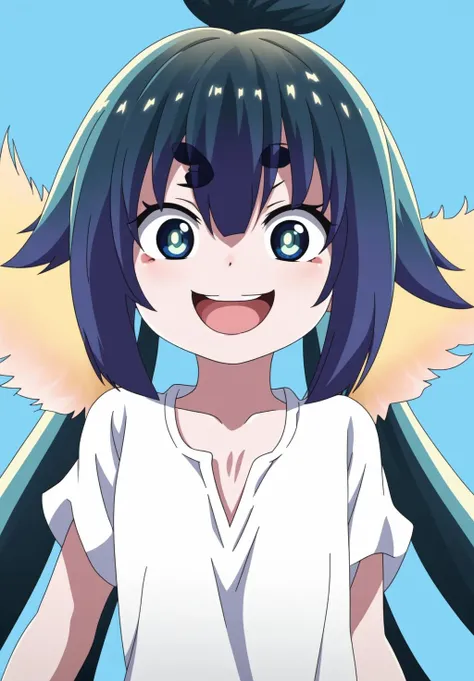 <lora:Mitama:0.8>, Mitama, 1girl, solo, looking at viewer, smile, open mouth, blue eyes, hair between eyes, :d, blue background