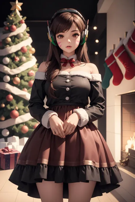 masterpiece, best quality, extremely detailed, absurdres
aahana, long hair, brown hair, headphones, whisker markings, shoulder pads, Christmas_dress
<lora:d.va_v1:0.6>
standing, Christmas tree,