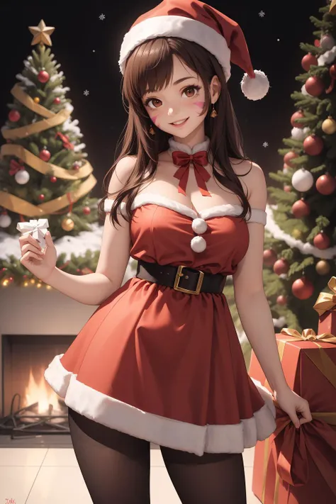 hight resolution,[8k picture:1.15],Kumiko、 [3D images:1.15]、 1girl in, 独奏、front-facing view, red blush,Kumiko is cute no matter who you look at、One hand on the chest、Red and white dress、Christmas Colors、Cute sexy girl no matter who looks at it、lovely thighs、Cowboy Shot、Viewers are watching