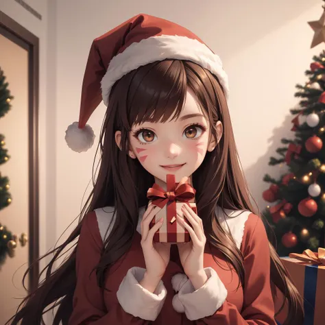 masterpiece, best quality, extremely detailed, absurdres, 
aahana, long hair, brown hair, whisker markings, red Christmas_dress, pantyhose, sweet smiles, santa hat, ((offering large gift box in both hands to viewer)) 
 <lora:d.va_v1:0.6>
standing, Christmas tree, facing viewer, (upper body:1.5)