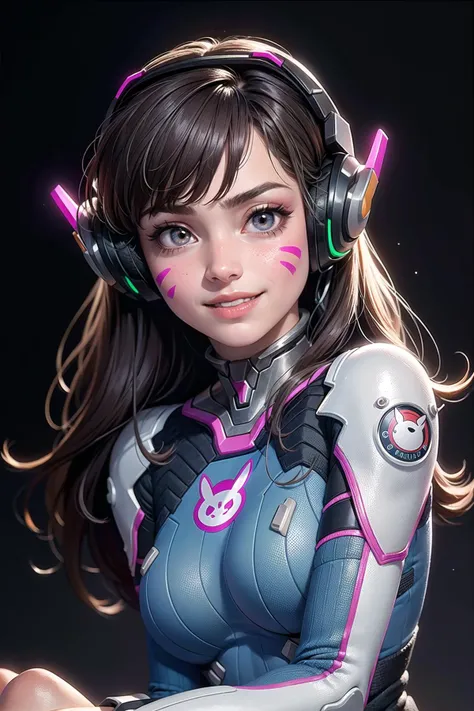 (masterpiece, best quality, highres:1.2), (photorealistic:1.4), (intricate and beautiful:1.2), (beautiful detailed eyes:1.2), (octane render), (detailed light:1.2), (soft lighting, side lighting, reflected light), (headshot), (upper body portrait), (centered), (award winning composition), 1girl, 22 years old, d.va, looking at viewer, wide grin, parted lips, (blush), (light freckles:0.6), aahana, long hair, brown hair, headphones, whisker markings, shoulder pads, blue bodysuit, ribbed bodysuit, animal print, clothes writing, long sleeves, white gloves, medium breasts, (skindentation), pale, (lustrous skin), (realistic skin texture:1.2), head tilt, sitting, (v arms, hands between legs, breasts squeezed together), (HDR:1.3), (simple dark background:1.2) <lora:d.va_v1:0.7> <lora:LowRA:0.3>
