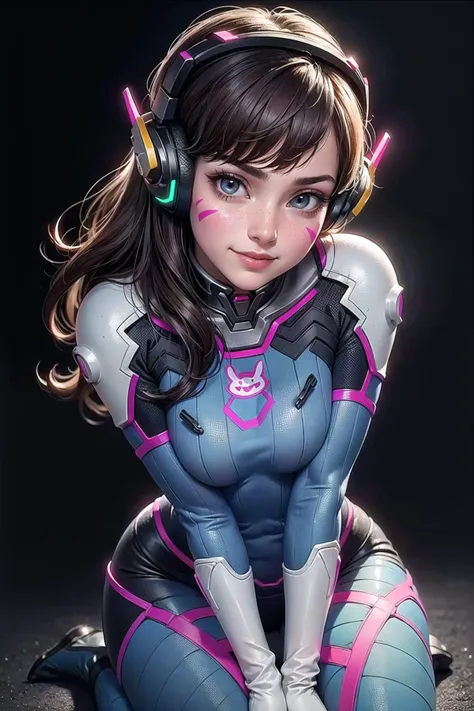 (masterpiece, best quality, highres:1.2), (photorealistic:1.4), (intricate and beautiful:1.2), (beautiful detailed eyes:1.2), (detailed light:1.2), (soft lighting, side lighting, reflected light), (close up portrait), (centered), (award winning composition), 1girl, 22 years old, d.va, looking at viewer, wide grin, parted lips, (blush), (light freckles:0.6), aahana, long hair, brown hair, headphones, whisker markings, shoulder pads, blue bodysuit, ribbed bodysuit, animal print, clothes writing, long sleeves, white gloves, medium breasts, (skindentation), pale, (lustrous skin), (realistic skin texture:1.2), head tilt, sitting, (v arms, hands between legs, breasts squeezed together), (HDR:1.3), (simple dark background:1.2) <lora:d.va_v1:0.6> <lora:LowRA:0.3>