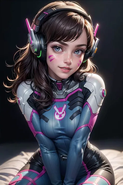 (masterpiece, best quality, highres:1.2), (photorealistic:1.4), (intricate and beautiful:1.2), (beautiful detailed eyes:1.2), (detailed light:1.2), (soft lighting, side lighting, reflected light), (close up portrait), (centered), (award winning composition), 1girl, 22 years old, d.va, looking at viewer, wide grin, parted lips, (blush), (light freckles:0.6), aahana, long hair, brown hair, headphones, whisker markings, shoulder pads, blue bodysuit, ribbed bodysuit, animal print, clothes writing, long sleeves, white gloves, medium breasts, (skindentation), pale, (lustrous skin), (realistic skin texture:1.2), head tilt, sitting, (v arms, hands between legs, breasts squeezed together), (HDR:1.3), (simple dark background:1.2) <lora:d.va_v1:0.6> <lora:LowRA:0.3>