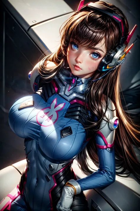 1girl, Breast view pose from above, <lora:d.va_v1:0.8> aahana, hana, dva, long hair, brown hair, headphones, whisker markings, shoulder pads, blue bodysuit, ribbed bodysuit, animal print, clothes writing, long sleeves, white gloves, ((detailed)), ((best quality)), ((masterpiece)), extremely detailed CG unity 8k wallpaper, 32k, focus sharp, <lora:add_detail:0.8> <lora:lora_perfecteyes_v1_from_v1_160:0.8> photo of perfecteyes eyes, perfecteyes eyes <lora:Light and Shadow:0.5>