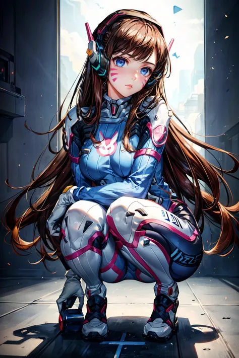 1girl, Squatting pose, <lora:d.va_v1:0.8> aahana, hana, dva, long hair, brown hair, headphones, whisker markings, shoulder pads, blue bodysuit, ribbed bodysuit, animal print, clothes writing, long sleeves, white gloves, ((detailed)), ((best quality)), ((masterpiece)), extremely detailed CG unity 8k wallpaper, 32k, focus sharp, <lora:add_detail:0.8> <lora:lora_perfecteyes_v1_from_v1_160:0.8> photo of perfecteyes eyes, perfecteyes eyes <lora:Light and Shadow:0.5>