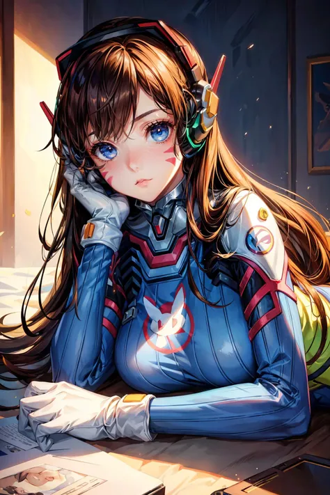 1girl, Lying down pose, <lora:d.va_v1:0.8> aahana, hana, dva, long hair, brown hair, headphones, whisker markings, shoulder pads, blue bodysuit, ribbed bodysuit, animal print, clothes writing, long sleeves, white gloves, ((detailed)), ((best quality)), ((masterpiece)), extremely detailed CG unity 8k wallpaper, 32k, focus sharp, <lora:add_detail:0.8> <lora:lora_perfecteyes_v1_from_v1_160:0.8> photo of perfecteyes eyes, perfecteyes eyes <lora:Light and Shadow:0.5>