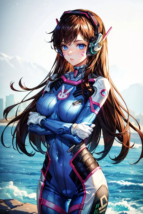 1girl, Crossed arm pose, <lora:d.va_v1:0.8> aahana, hana, dva, long hair, brown hair, headphones, whisker markings, shoulder pads, blue bodysuit, ribbed bodysuit, animal print, clothes writing, long sleeves, white gloves, ((detailed)), ((best quality)), ((masterpiece)), extremely detailed CG unity 8k wallpaper, 32k, focus sharp, <lora:add_detail:0.8> <lora:lora_perfecteyes_v1_from_v1_160:0.8> photo of perfecteyes eyes, perfecteyes eyes <lora:Light and Shadow:0.5>