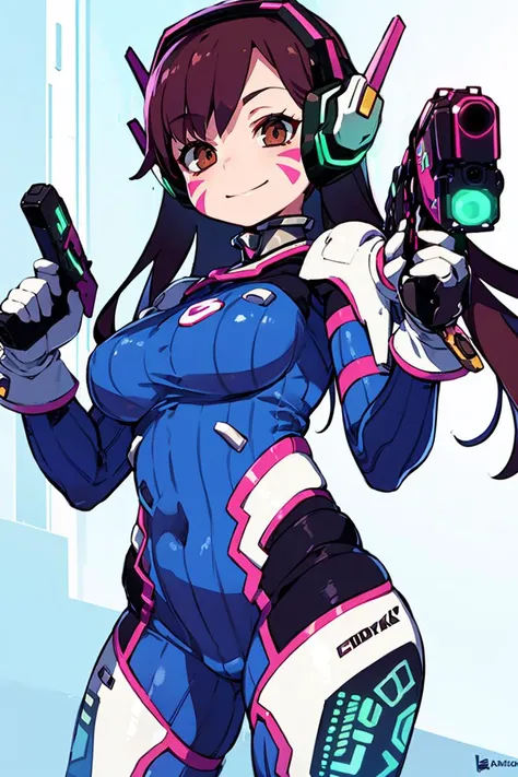 <lora:Zankuro_Style_v4:0.7>,((masterpiece,best quality)), aahana, long hair, brown hair, headphones, whisker markings, shoulder pads, blue bodysuit, ribbed bodysuit, animal print, clothes writing, long sleeves, white gloves, <lora:d.va_v1:0.8>, cowboy shot, standing, holding weapon, handgun, smile, cyberpunk,