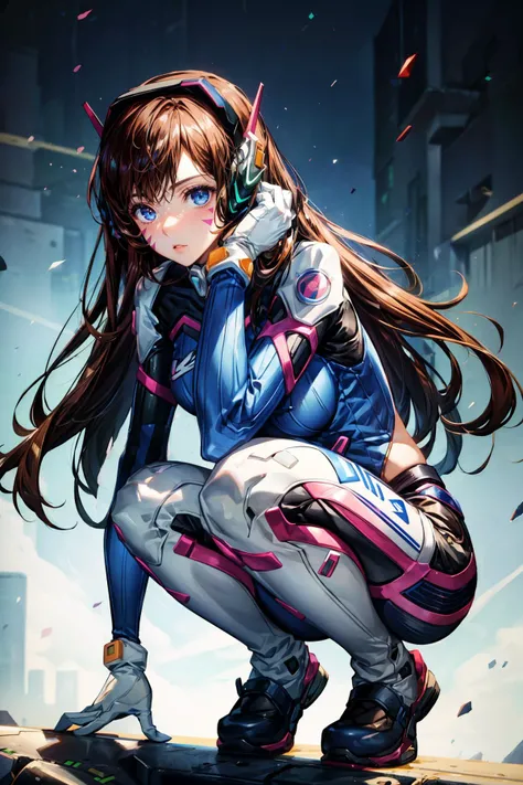1girl, Crossed arm pose, <lora:d.va_v1:0.8> aahana, hana, dva, long hair, brown hair, headphones, whisker markings, shoulder pads, blue bodysuit, ribbed bodysuit, animal print, clothes writing, long sleeves, white gloves, ((detailed)), ((best quality)), ((masterpiece)), extremely detailed CG unity 8k wallpaper, 32k, focus sharp, <lora:add_detail:0.8> <lora:lora_perfecteyes_v1_from_v1_160:0.8> photo of perfecteyes eyes, perfecteyes eyes <lora:Light and Shadow:0.5>