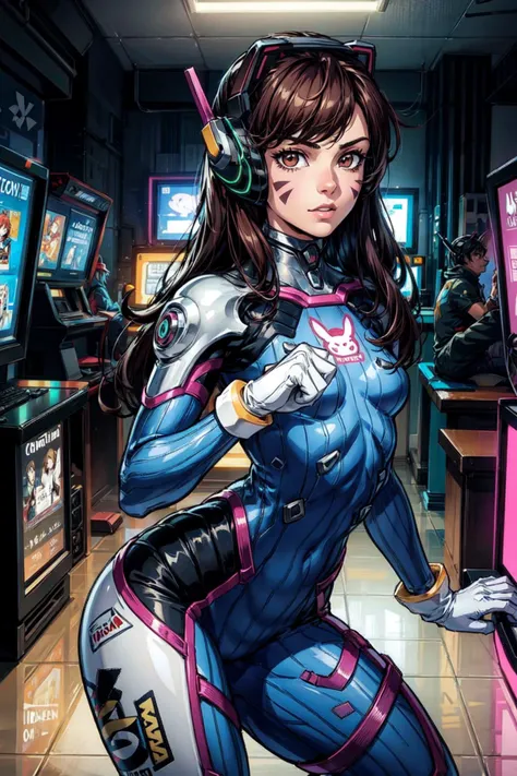 thick outlines, comics, photorealistic, perfect hands, masterpiece:1.2, arcade room, playing games, 1girl, solo, dynamic pose, <lora:d.va_v1:0.8>, aahana, long hair, brown hair, headphones, whisker markings, shoulder pads, blue bodysuit, ribbed bodysuit, animal print, clothes writing, long sleeves, white gloves,  small breast, detailed background, detailed face, detailed eyes, <lora:add_detail:0.8>